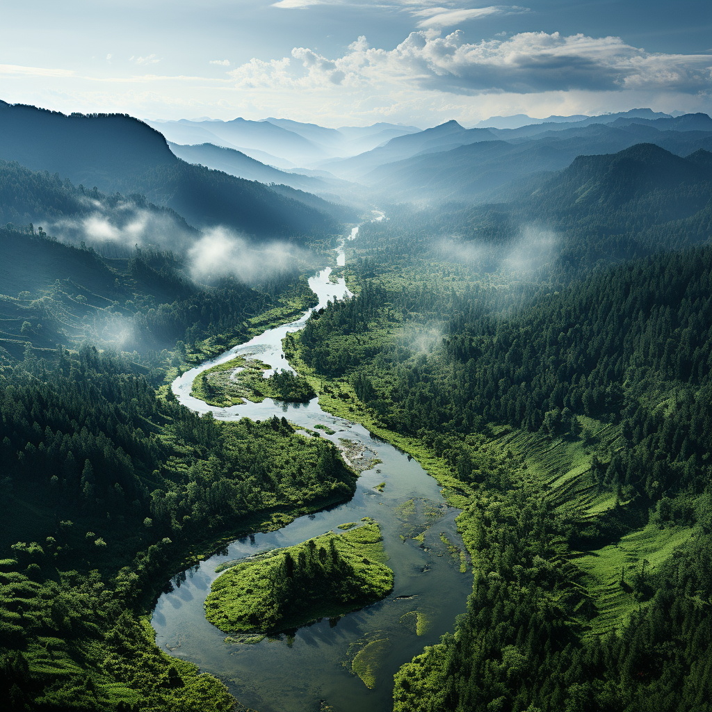 Grüne, bewaldete Bergregion, durch deren Mitte ein Fluss fließt